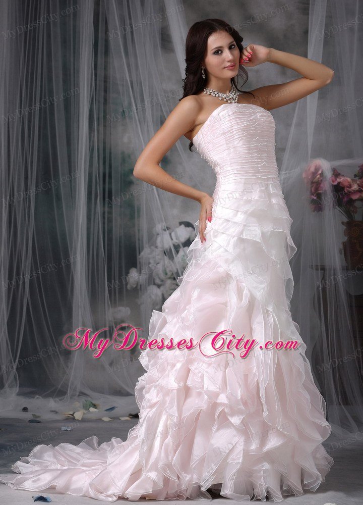 Cute A-line Strapless Brush Train Ruffled Pink Wedding Dress