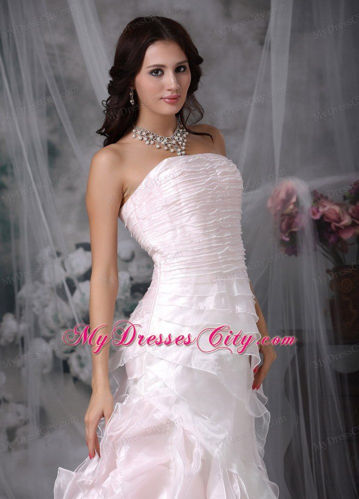 Cute A-line Strapless Brush Train Ruffled Pink Wedding Dress