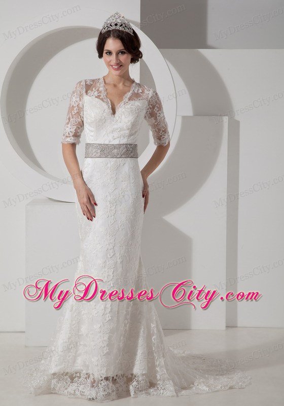 Column V-neck Lace Wedding Dress with Belt and Half Sleeves