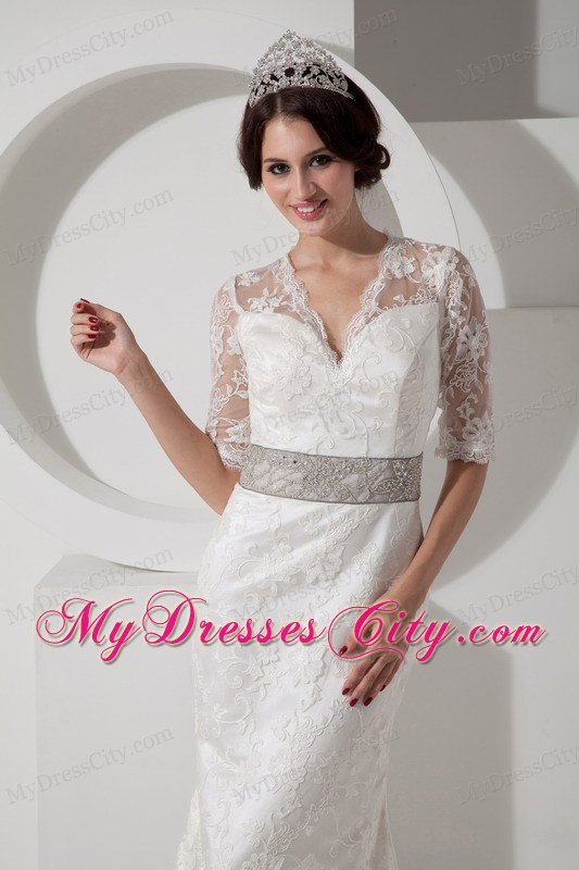 Column V-neck Lace Wedding Dress with Belt and Half Sleeves