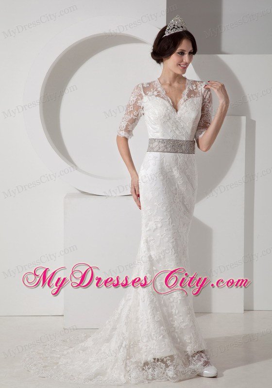 Column V-neck Lace Wedding Dress with Belt and Half Sleeves