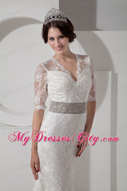 Column V-neck Lace Wedding Dress with Belt and Half Sleeves