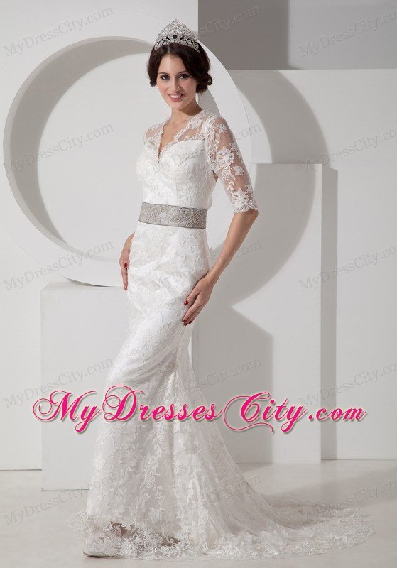 Column V-neck Lace Wedding Dress with Belt and Half Sleeves