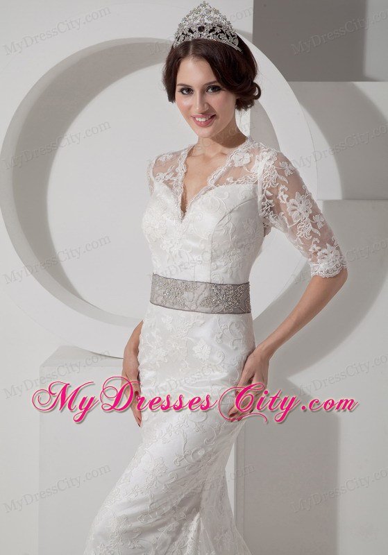 Column V-neck Lace Wedding Dress with Belt and Half Sleeves