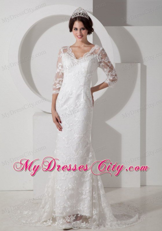 Mermaid V-neck Brush Train Lace Bridal Dress with Half Sleeves