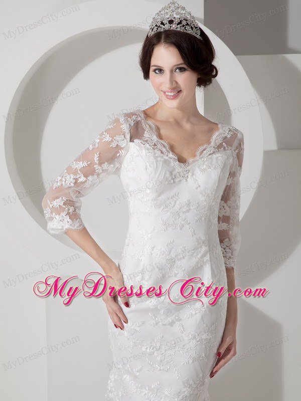 Mermaid V-neck Brush Train Lace Bridal Dress with Half Sleeves