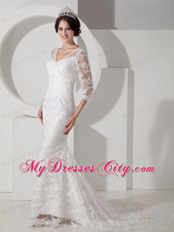 Mermaid V-neck Brush Train Lace Bridal Dress with Half Sleeves