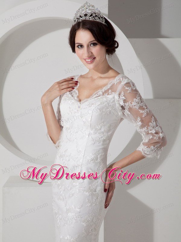 Mermaid V-neck Brush Train Lace Bridal Dress with Half Sleeves