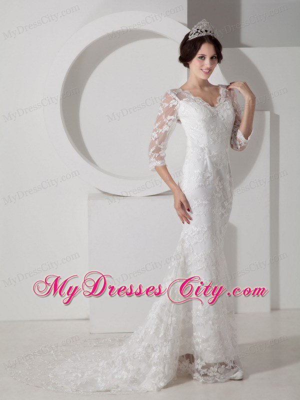 Mermaid V-neck Brush Train Lace Bridal Dress with Half Sleeves