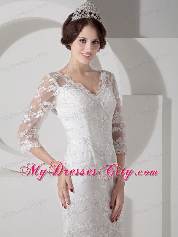 Mermaid V-neck Brush Train Lace Bridal Dress with Half Sleeves