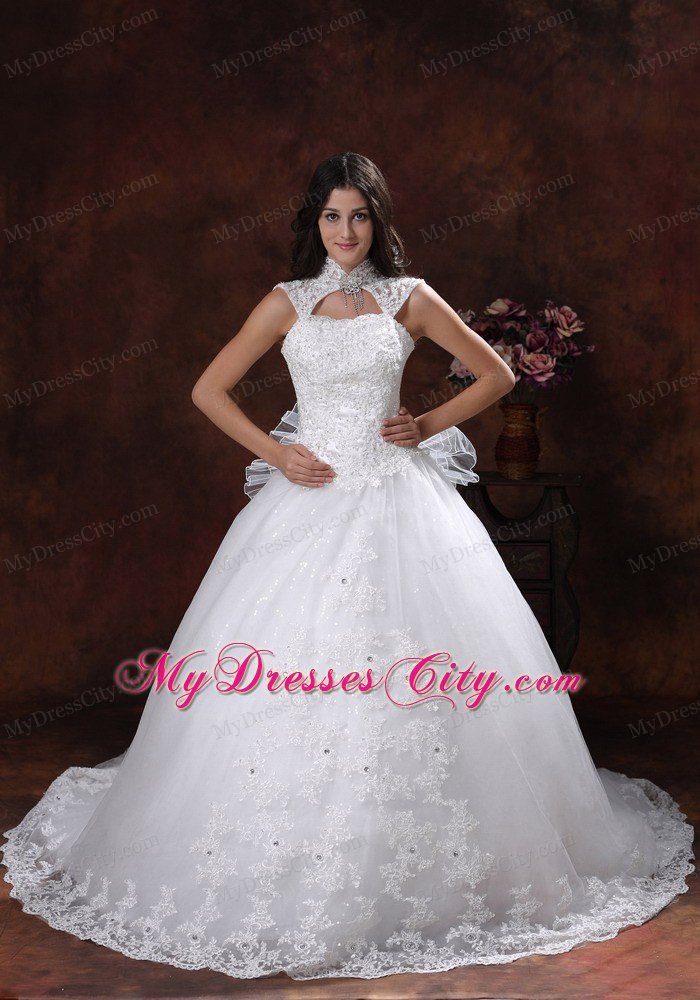 High Neck Wedding Dress with Chapel Train and Lace Over Skirt