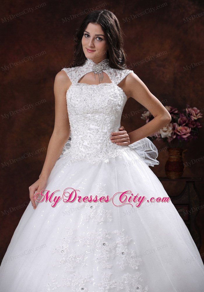 High Neck Wedding Dress with Chapel Train and Lace Over Skirt