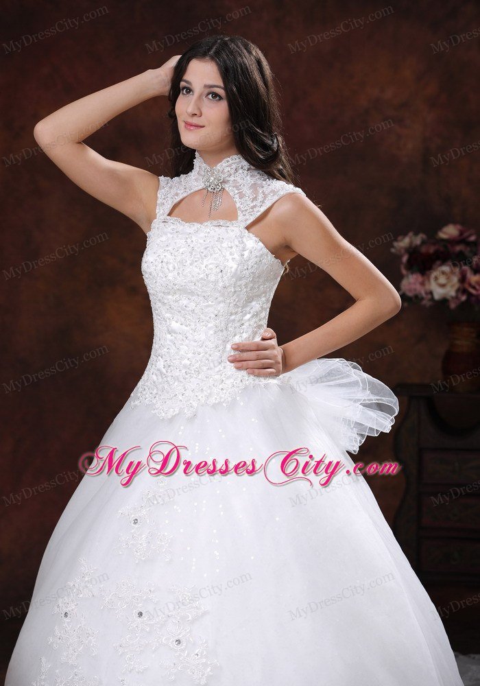 High Neck Wedding Dress with Chapel Train and Lace Over Skirt