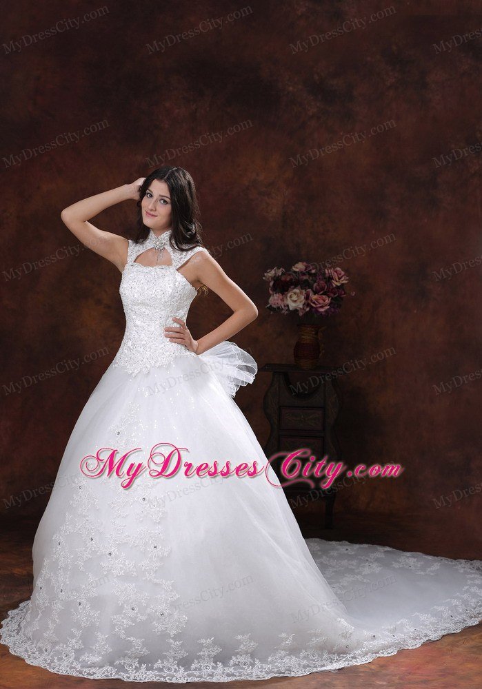 High Neck Wedding Dress with Chapel Train and Lace Over Skirt