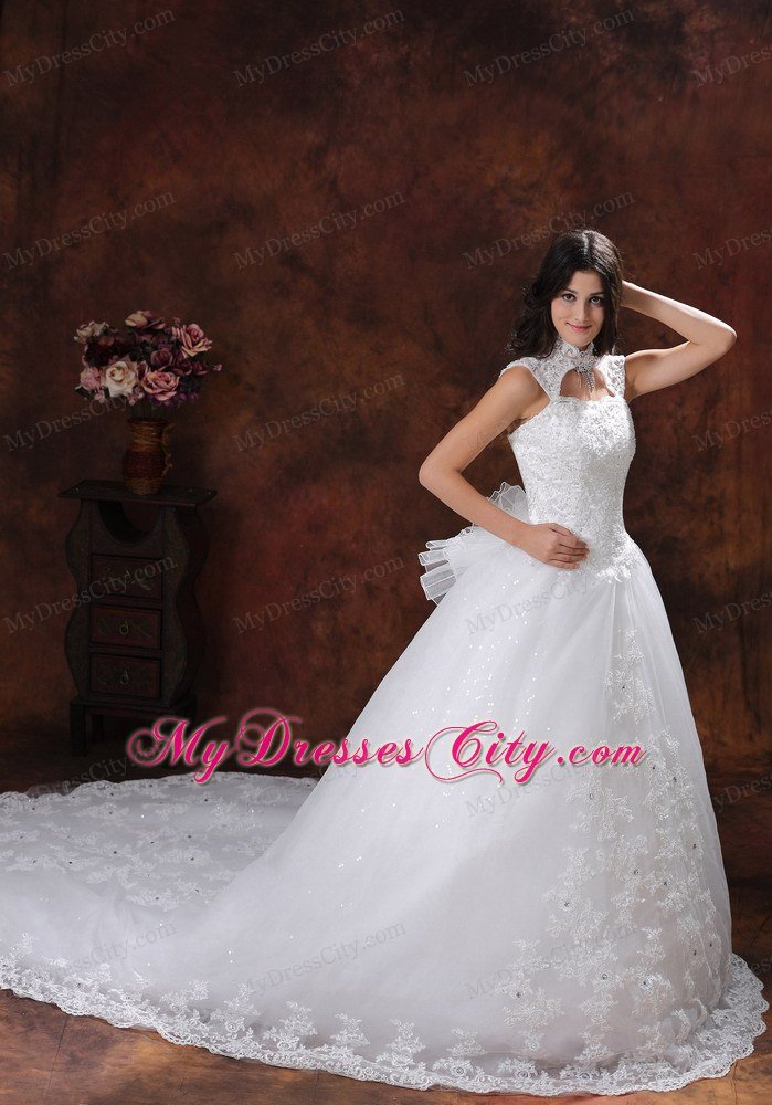 High Neck Wedding Dress with Chapel Train and Lace Over Skirt