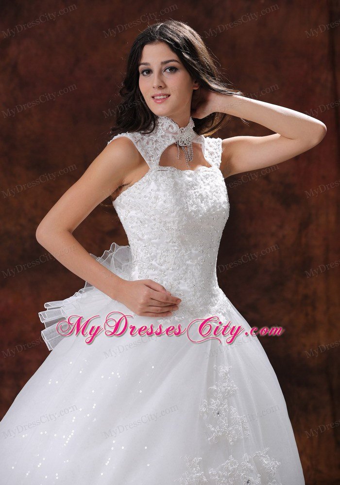 High Neck Wedding Dress with Chapel Train and Lace Over Skirt