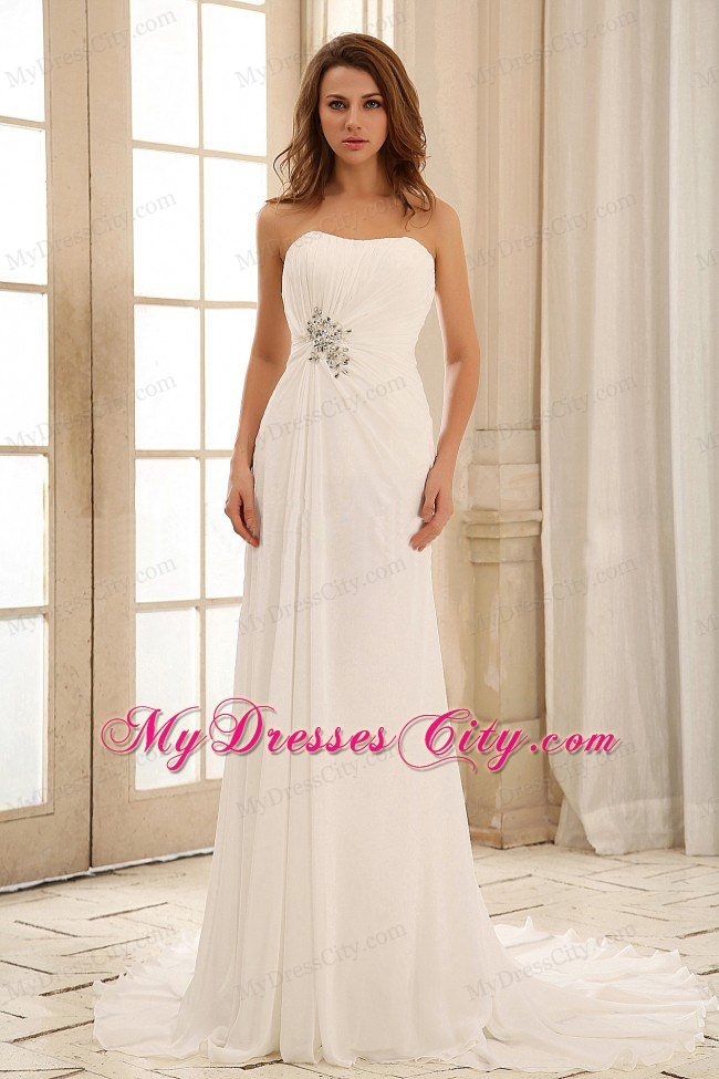 Simple Empire Court Train Bridal Gown with Beading and Ruching