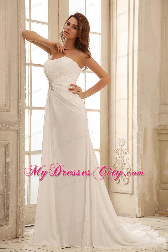 Simple Empire Court Train Bridal Gown with Beading and Ruching