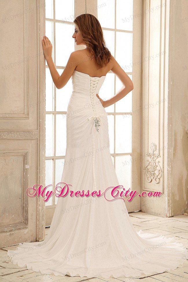 Simple Empire Court Train Bridal Gown with Beading and Ruching