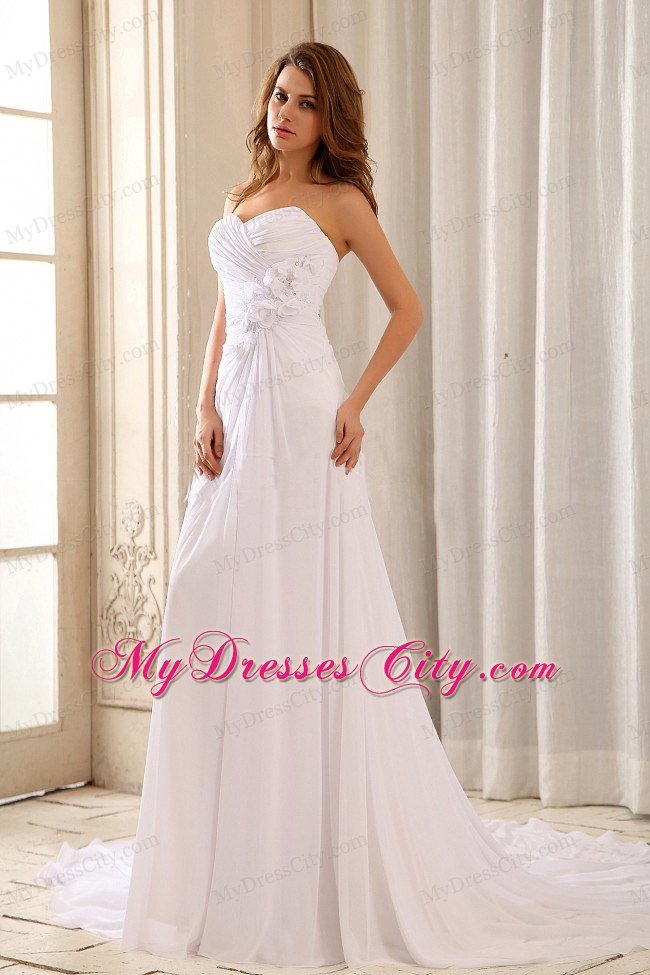 Hand Made Flowers and Ruched Bodice Court Train Wedding Dress