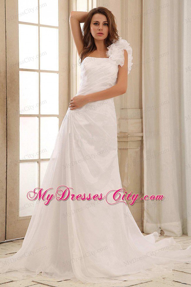 Discount A-line Hand Made Flowers One Shoulder Wedding Dress