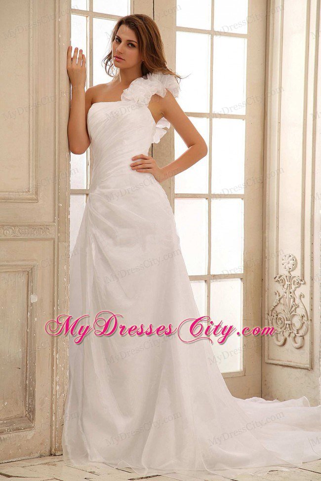 Discount A-line Hand Made Flowers One Shoulder Wedding Dress