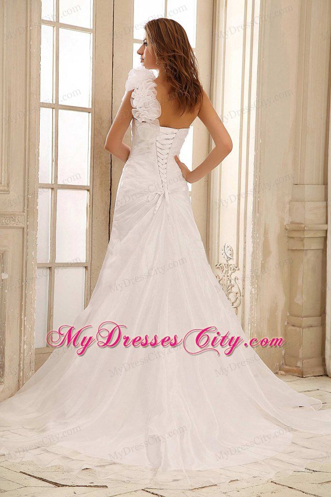 Discount A-line Hand Made Flowers One Shoulder Wedding Dress