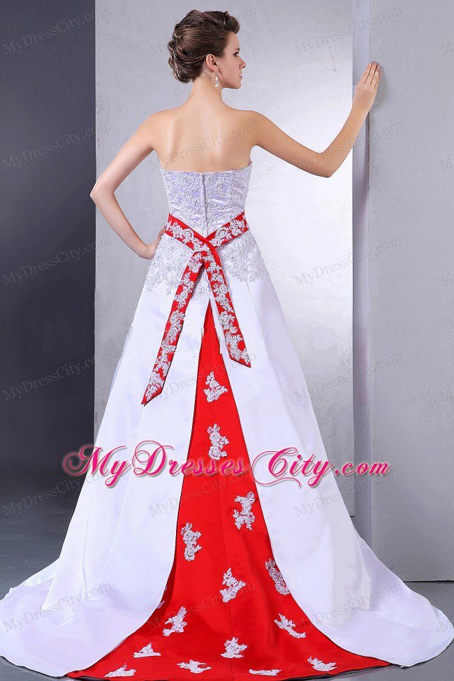 Luxurious Court Train Bridal Dress with Appliques and Red Sash