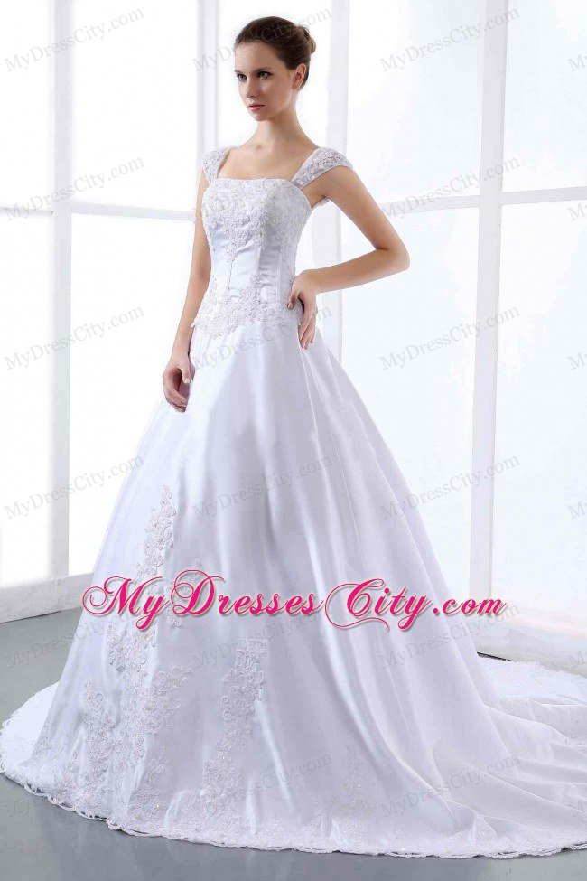 Straps A-line Beading Lace Wedding Gown of Cathedral Train