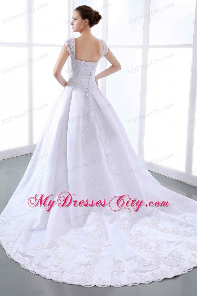 Straps A-line Beading Lace Wedding Gown of Cathedral Train