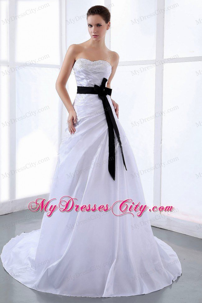 Ruched and Appliqued White Wedding Dress with Black Sash