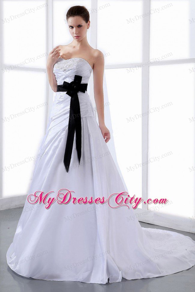 Ruched and Appliqued White Wedding Dress with Black Sash