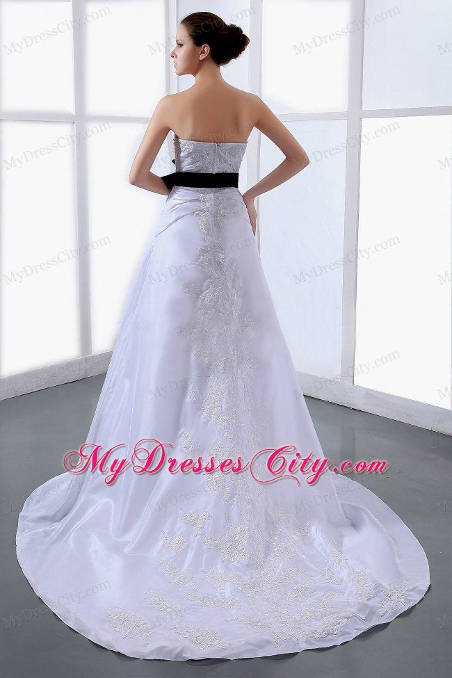 Ruched and Appliqued White Wedding Dress with Black Sash