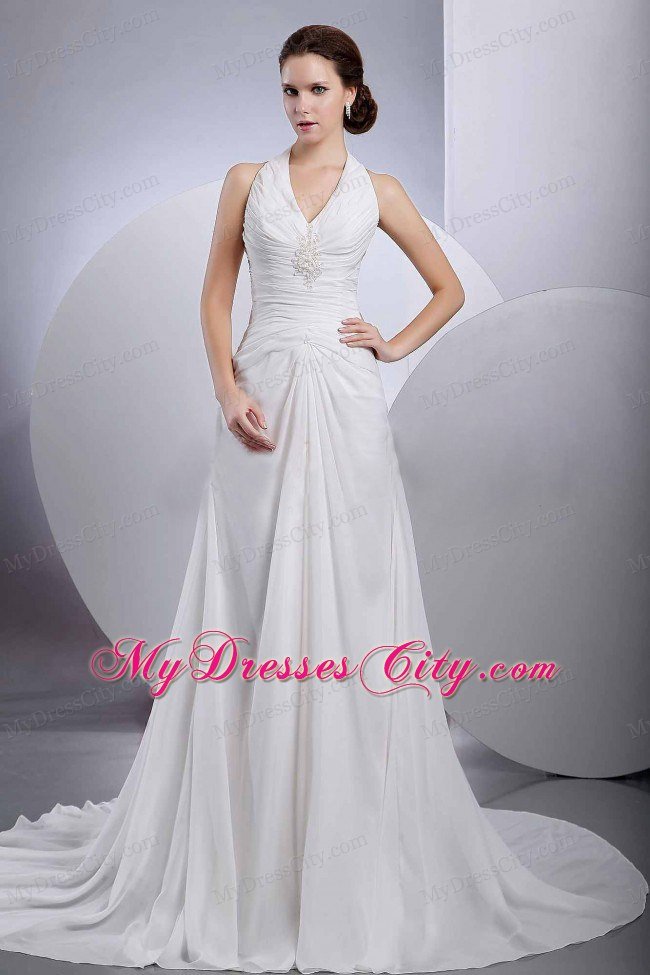 A-line Halter Appliques Court Train Ruched Wedding Dress