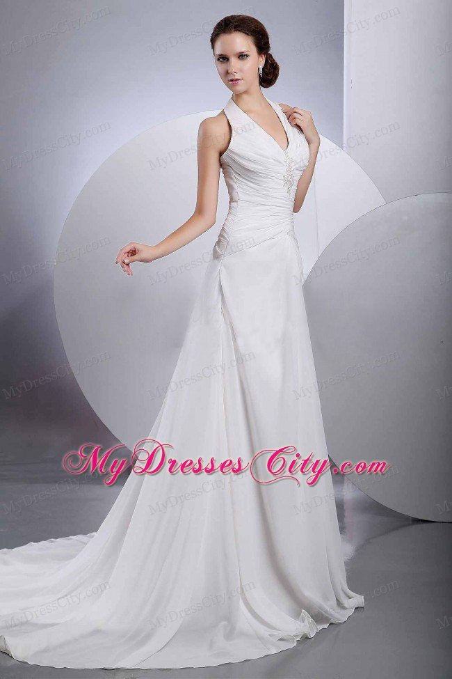 A-line Halter Appliques Court Train Ruched Wedding Dress