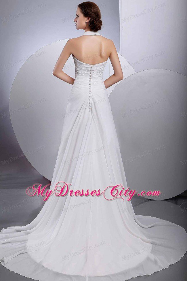 A-line Halter Appliques Court Train Ruched Wedding Dress