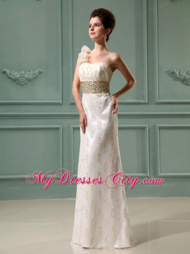 Flowery Single Shoulder Long Wedding Dress with Champagne Beading