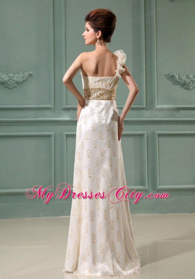 Flowery Single Shoulder Long Wedding Dress with Champagne Beading