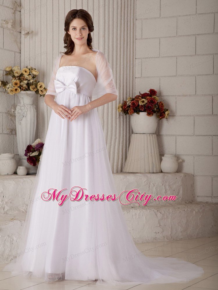 A-line Bowknot Brush Train Wedding Gown with Sheer Jacket