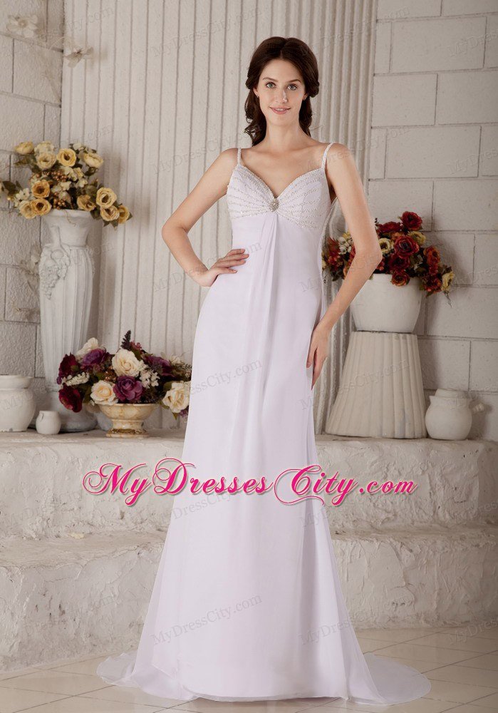 Column Spaghetti Straps Chiffon Beading Backless Bridal Dress