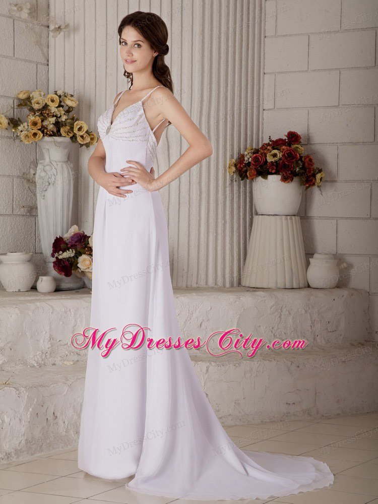 Column Spaghetti Straps Chiffon Beading Backless Bridal Dress