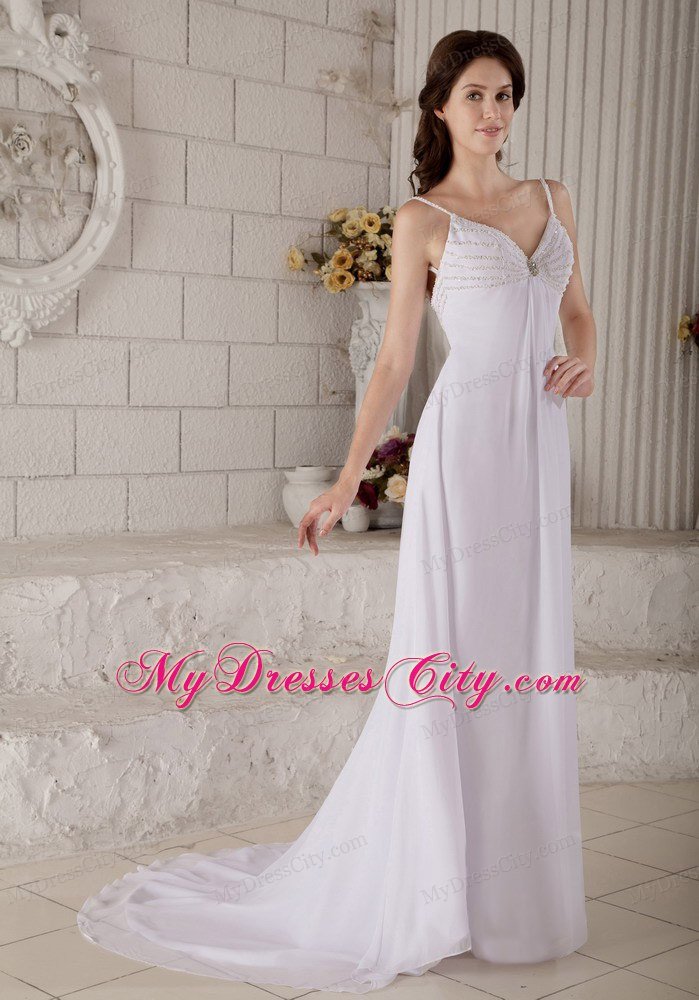 Column Spaghetti Straps Chiffon Beading Backless Bridal Dress