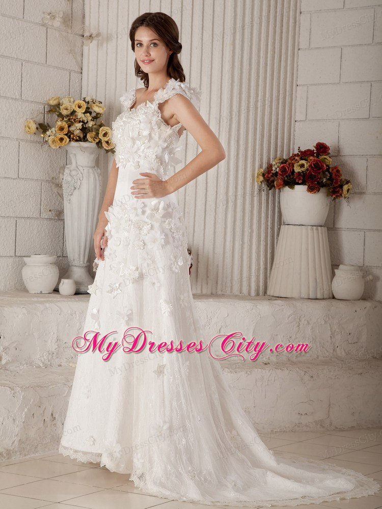 Column Straps Sweep Train Lace Wedding Dress with Appliques