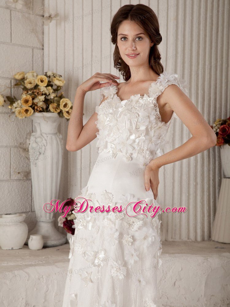 Column Straps Sweep Train Lace Wedding Dress with Appliques