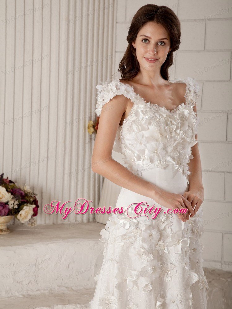 Column Straps Sweep Train Lace Wedding Dress with Appliques