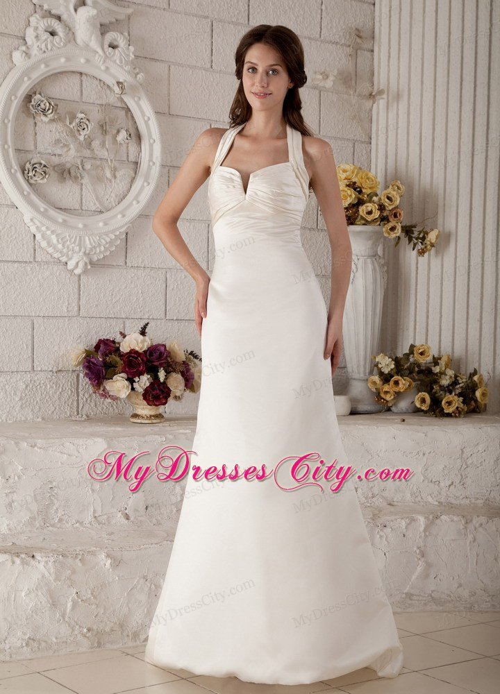 Simple Halter Column Sweep Train Zipper-up Ruched Wedding Gown