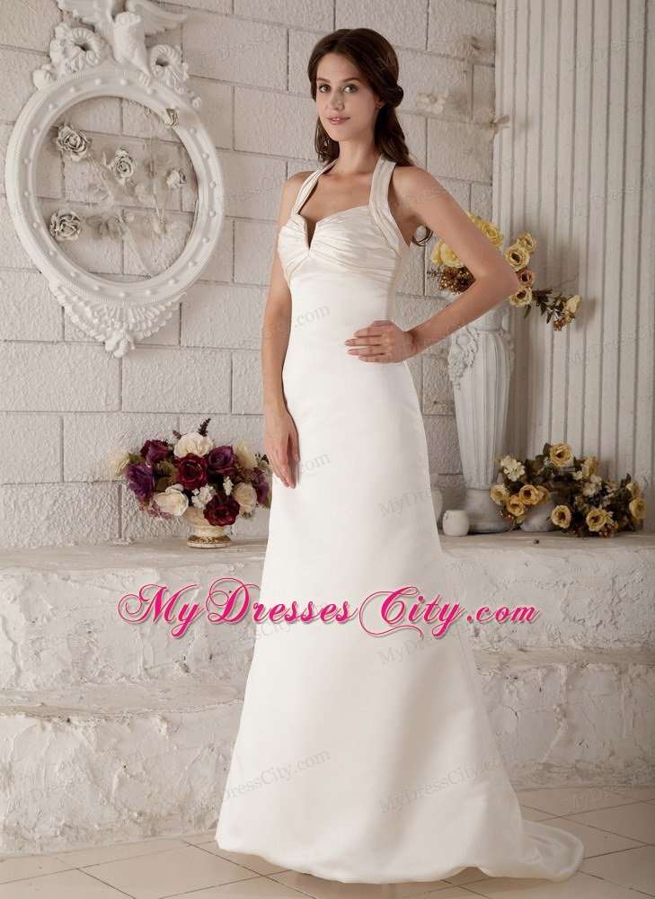 Simple Halter Column Sweep Train Zipper-up Ruched Wedding Gown