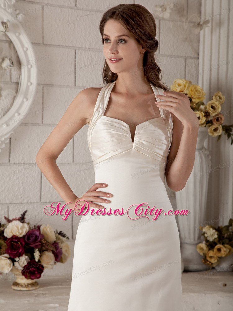 Simple Halter Column Sweep Train Zipper-up Ruched Wedding Gown