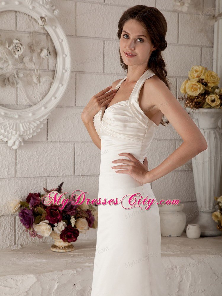 Simple Halter Column Sweep Train Zipper-up Ruched Wedding Gown