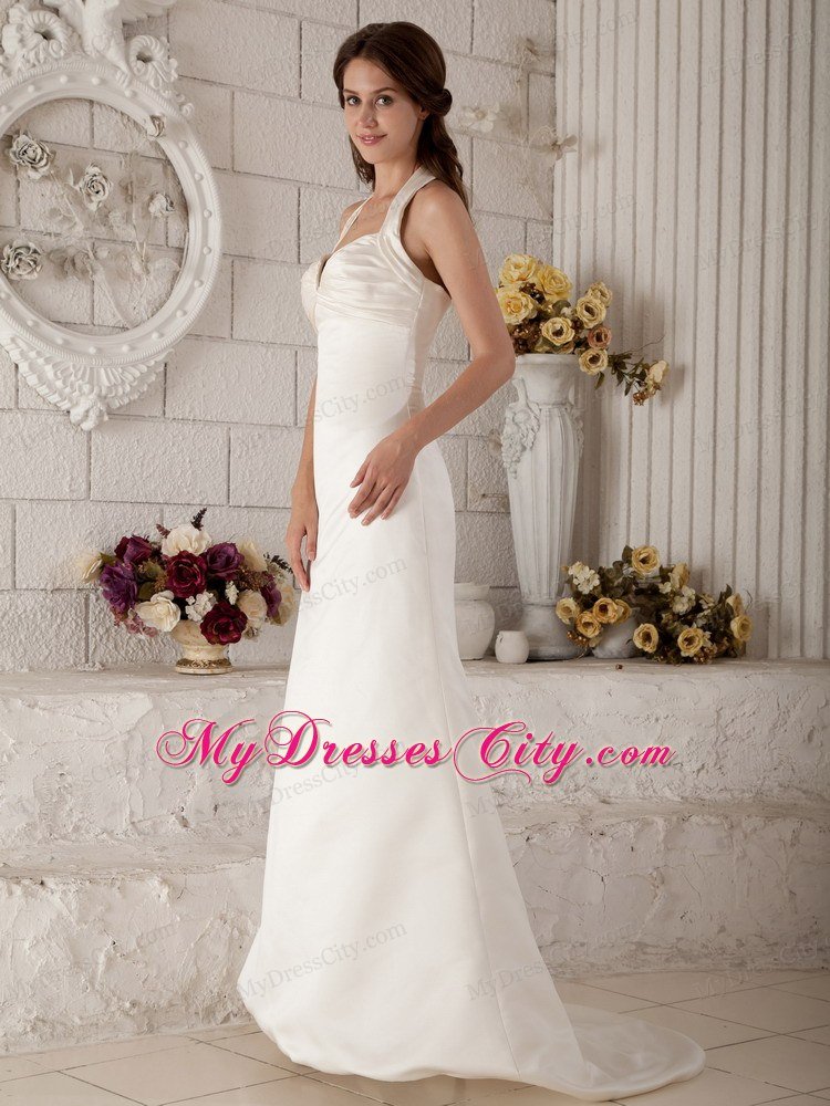 Simple Halter Column Sweep Train Zipper-up Ruched Wedding Gown